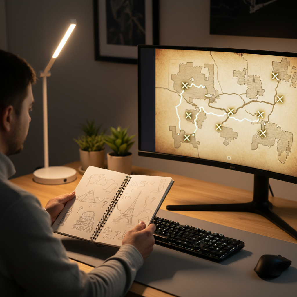 Player comparing an in-game map with real notes for treasure hunting puzzles