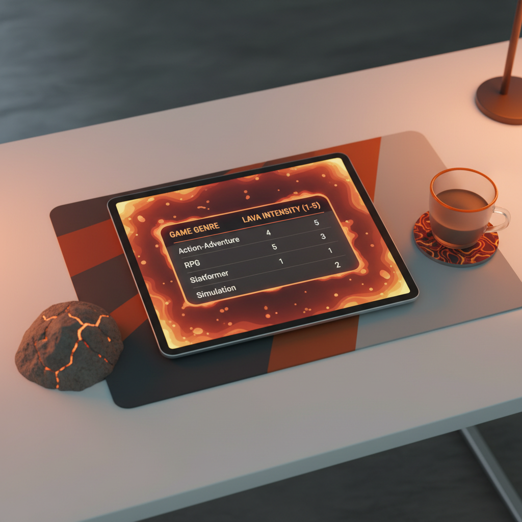 Comparison table concept for lava and volcanic games by genre and intensity