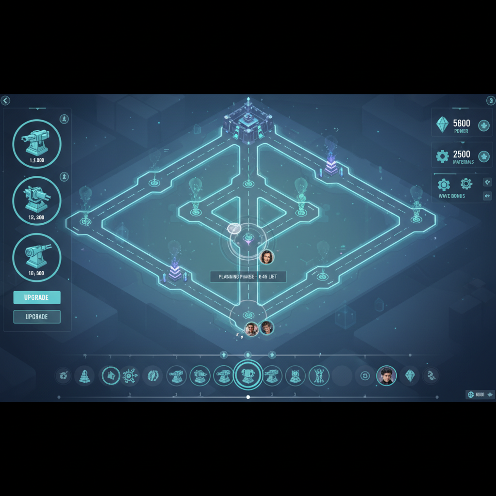 Co-op tower defense strategy planning with lanes and upgrade icons