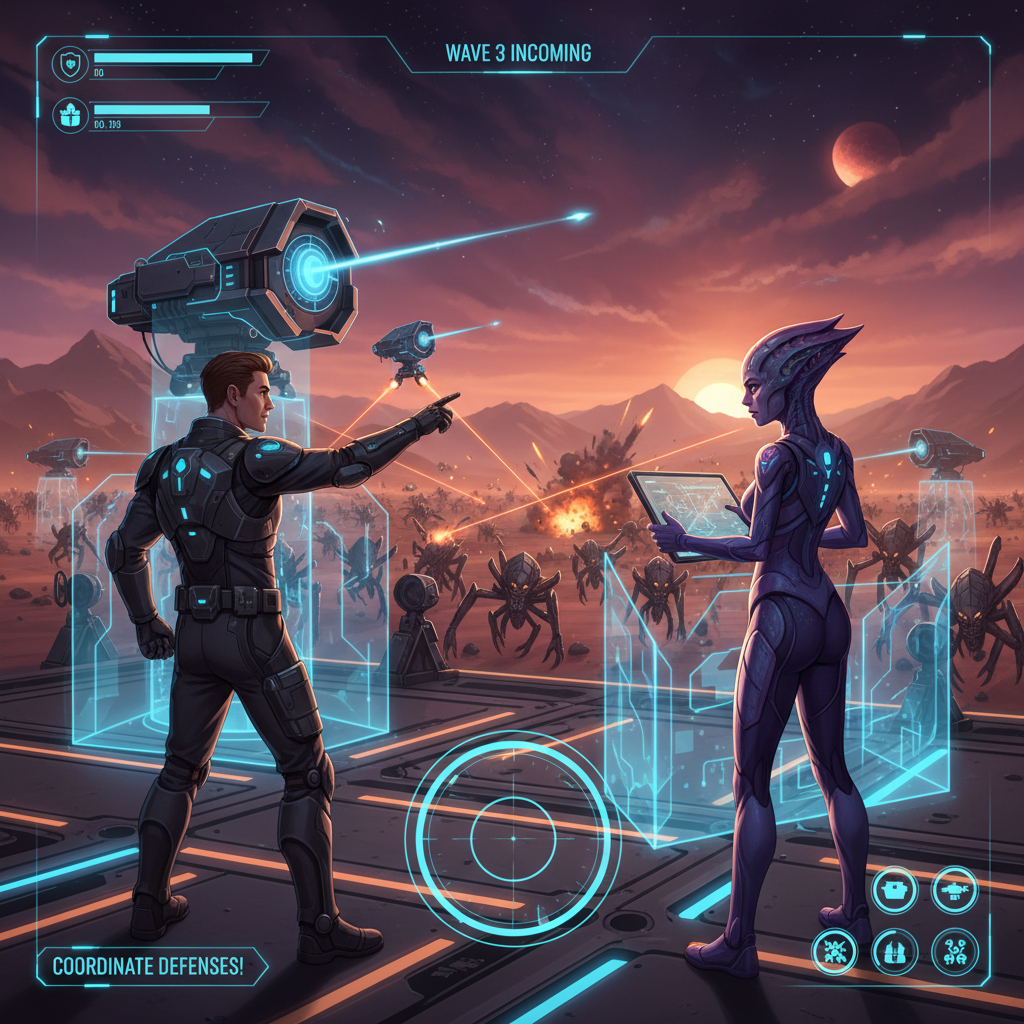 Co-op base defense against aliens with players coordinating turret placement