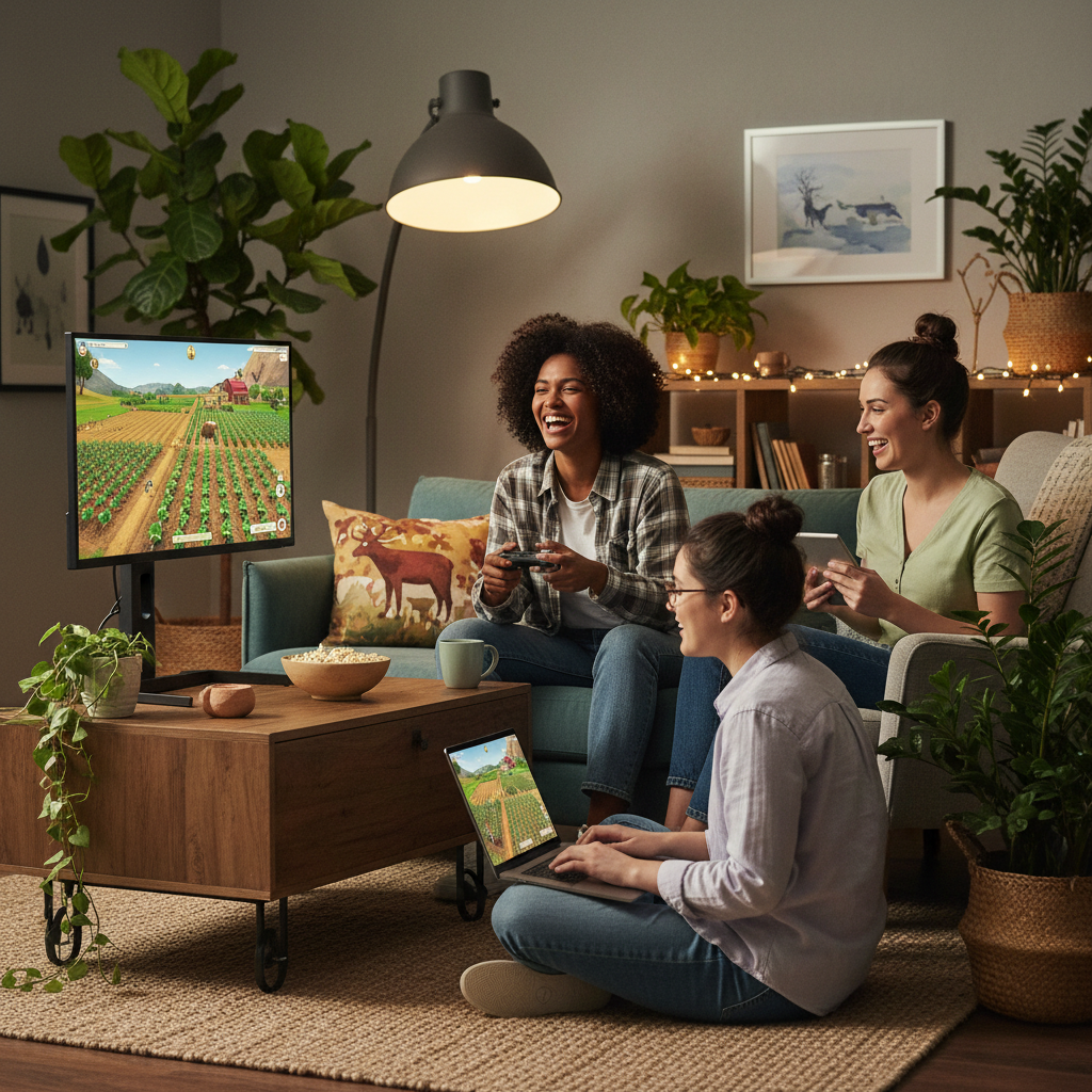 Friends playing a cozy farming game online on a couch with laptops and controllers