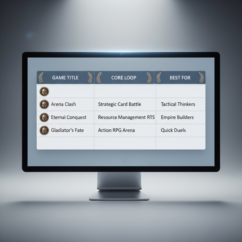 Comparison table concept for gladiatorial arena survival games on PC and consoles