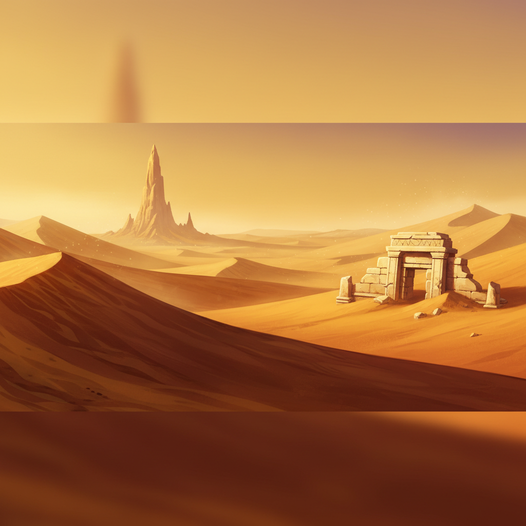 Vast desert game landscape with ruins and a distant landmark for exploration