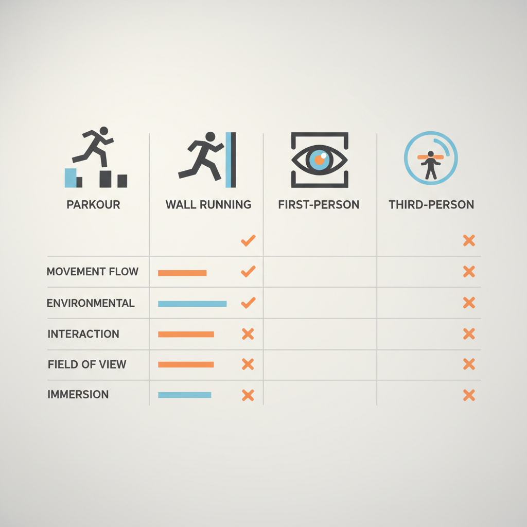 Game comparison table concept with parkour and wall running icons