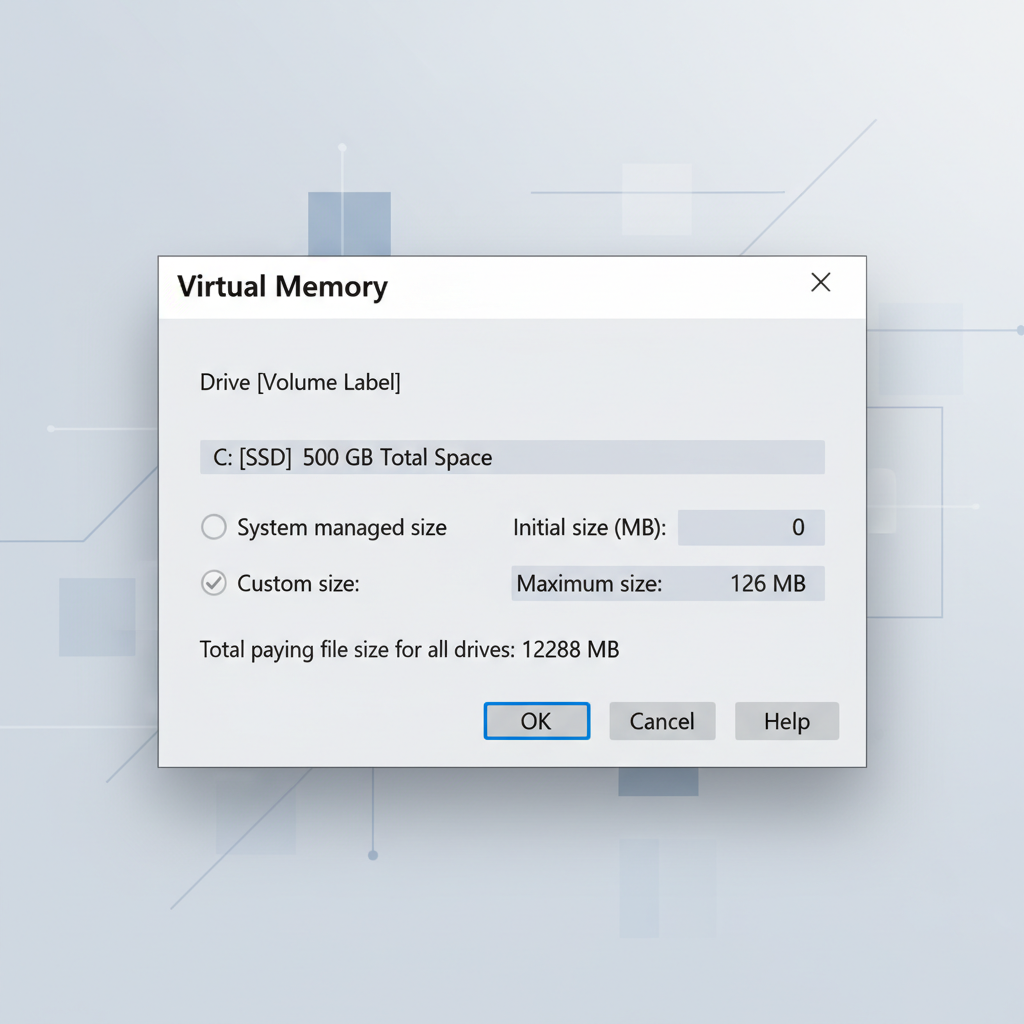 Windows virtual memory settings screen for page file configuration