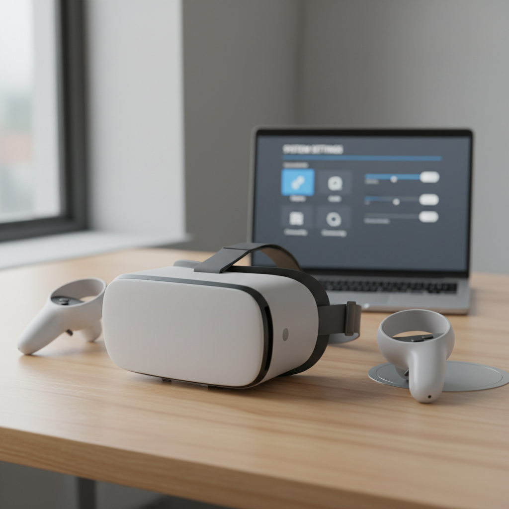 VR headset and controllers on desk showing common controller troubleshooting setup