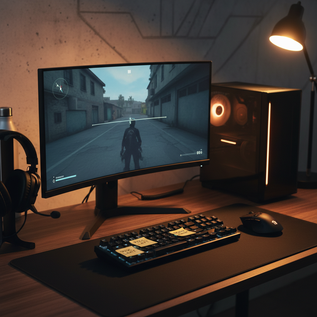 Tactical shooter PC setup with headset, push-to-talk mic, and keybind notes