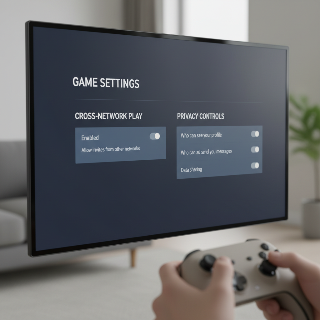 Console privacy settings screen enabling cross-network play for multiplayer games