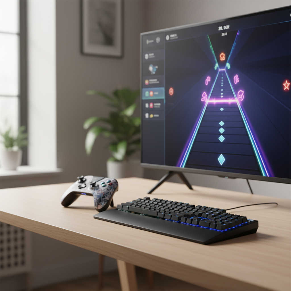 Keyboard and controller setup for rhythm games in a living room gaming space