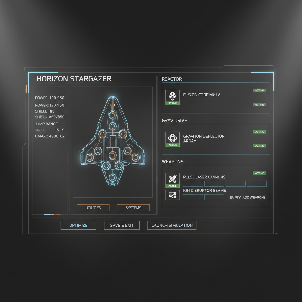 Starfield ship build planning screen with weapon and reactor choices