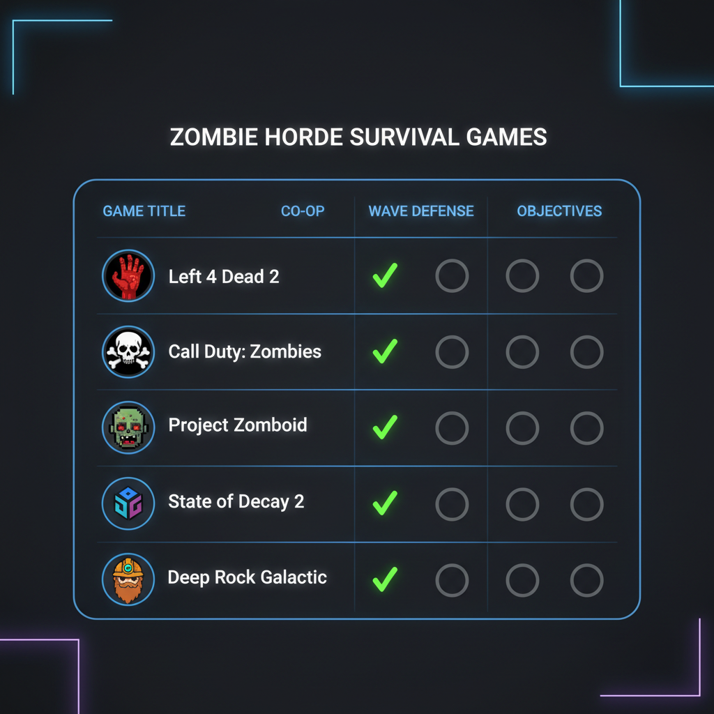 Comparison of zombie horde mode survival games on a table with icons and checkmarks