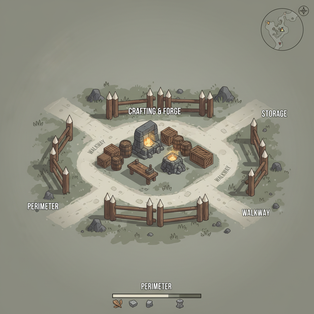 Step-by-step survival base layout with storage near crafting stations