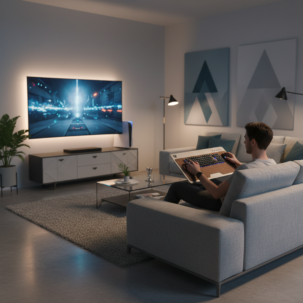 Comfortable PS5 keyboard and mouse setup with lapboard and proper posture