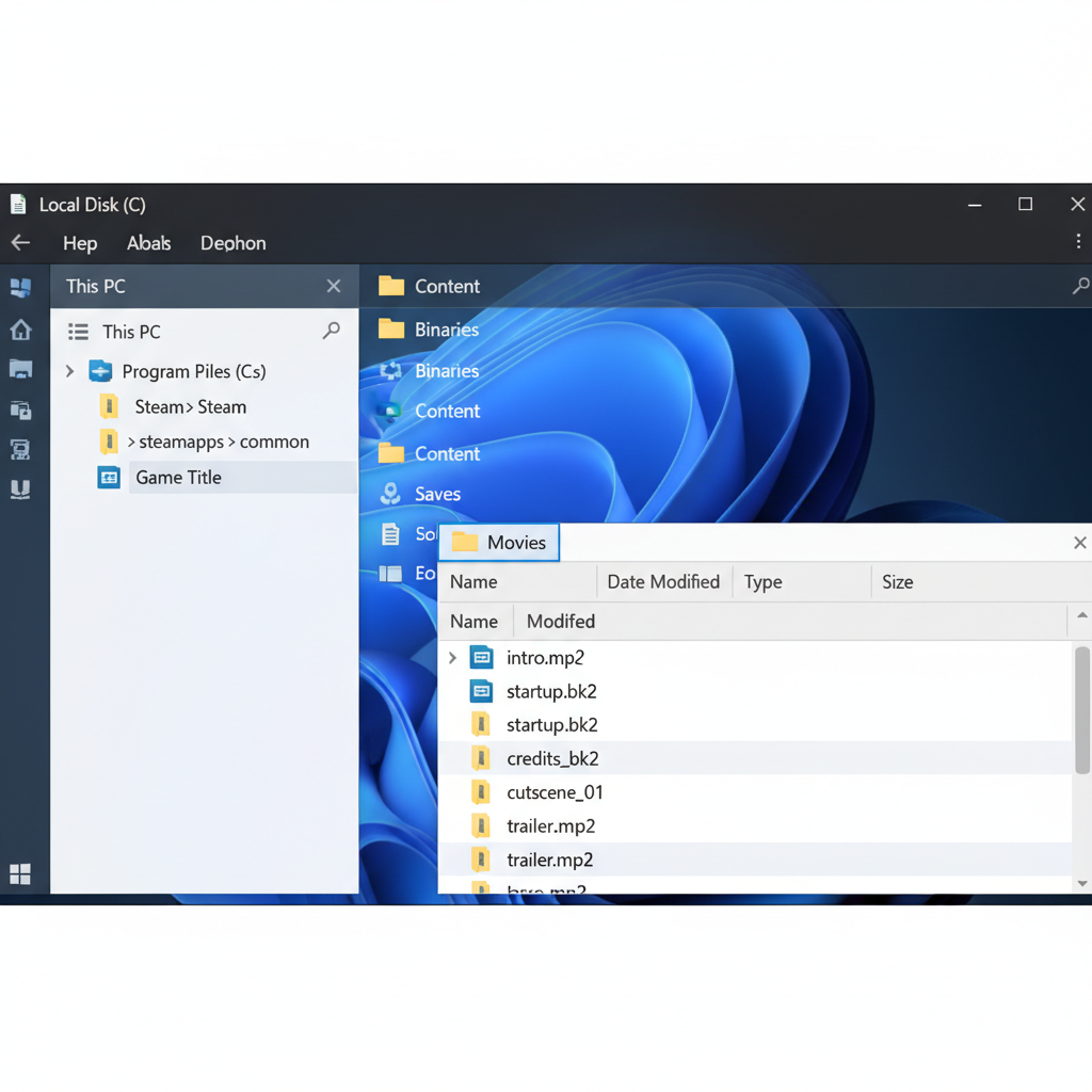 Windows File Explorer showing a PC game Movies folder with intro video files