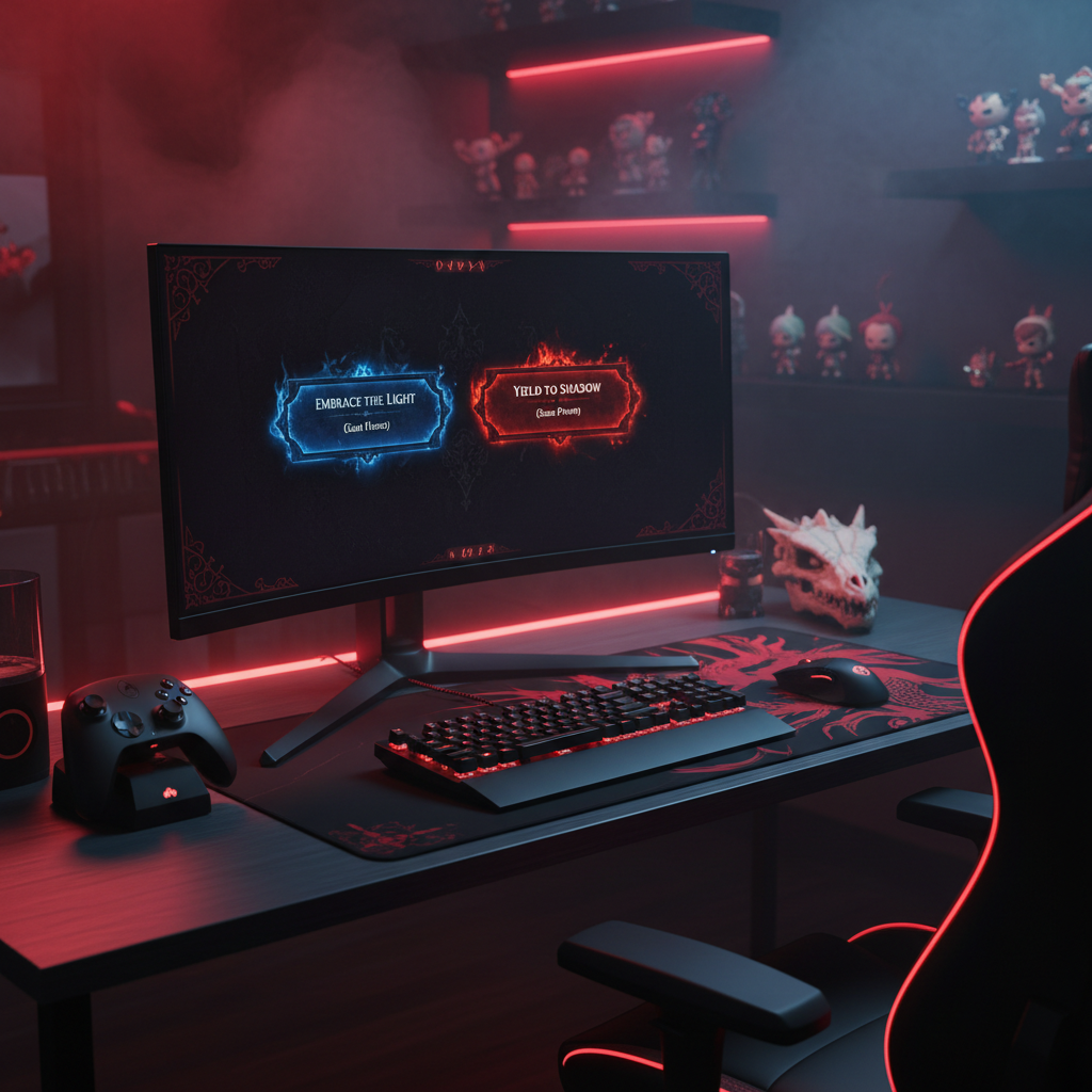 Villain protagonist gaming setup with dark fantasy choices on screen