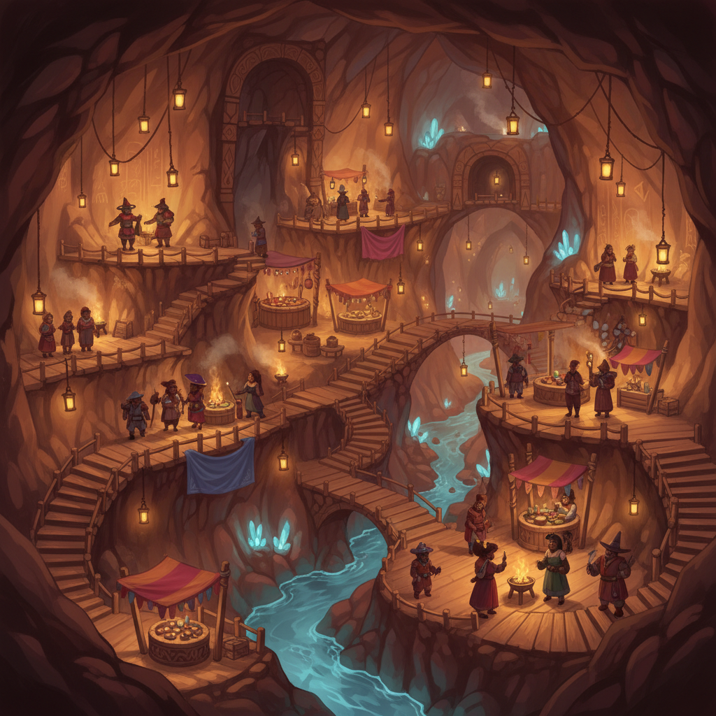 Cozy underground exploration game scene with warm lantern light