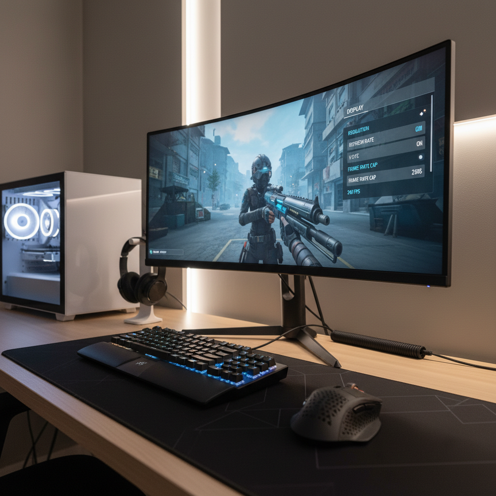 PC gaming setup showing fullscreen game with input latency settings