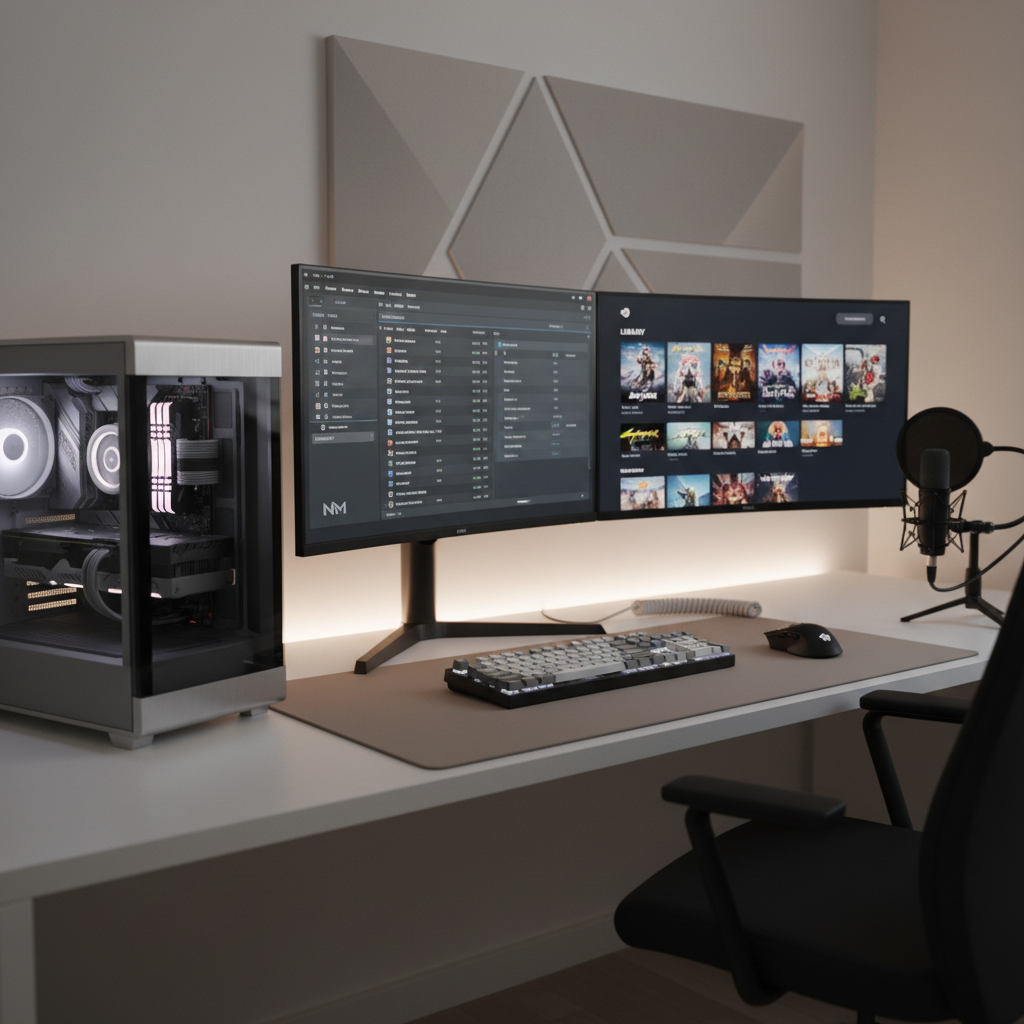 PC game modding setup with mod manager and game library on screen