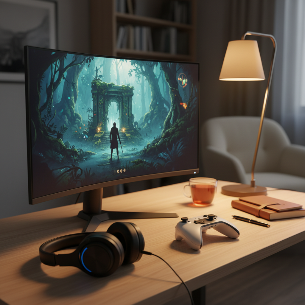 Headphones and controller setup for immersive story walking simulator play