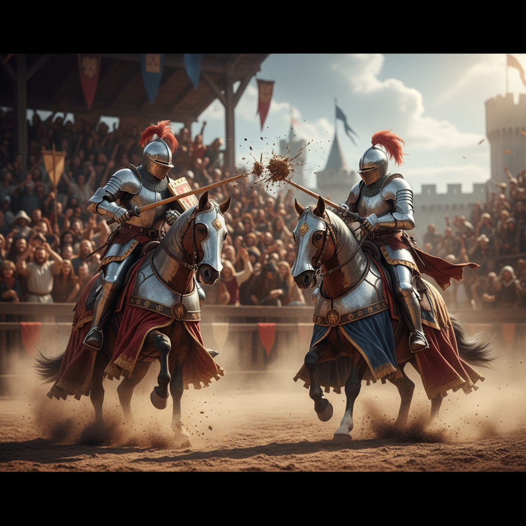 Knight jousting in a medieval tournament with armored horses