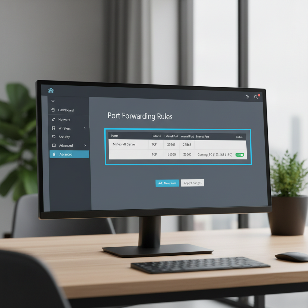 Router port forwarding screen concept for Minecraft server port 25565
