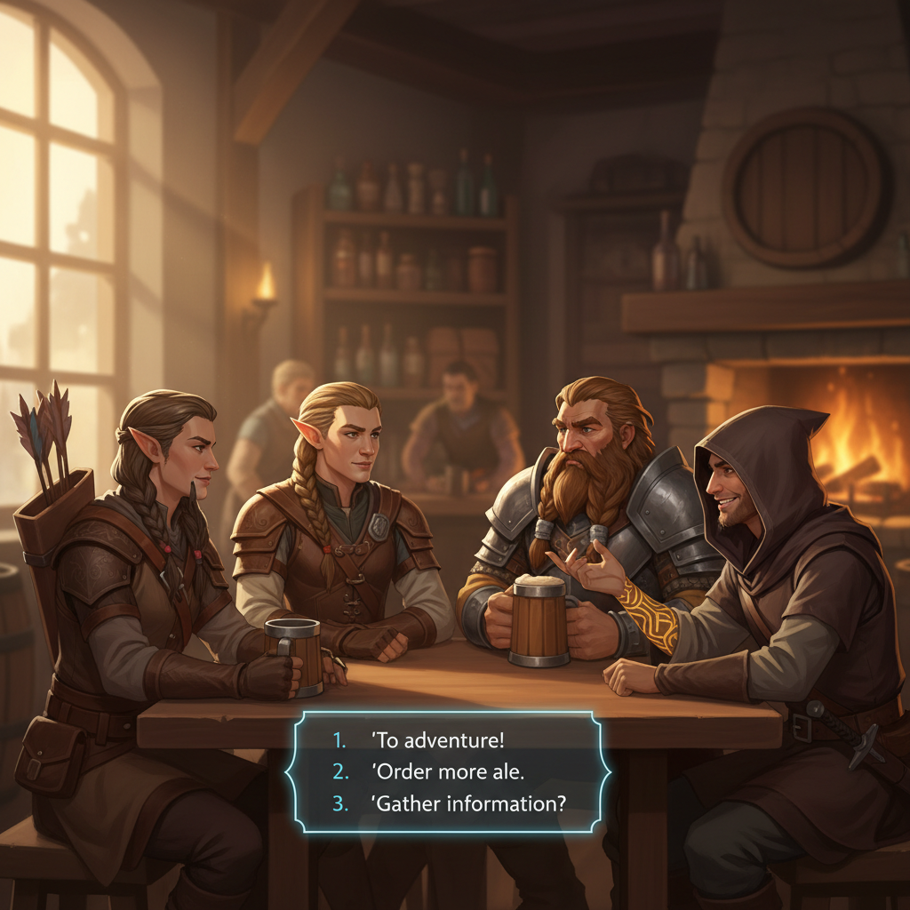 RPG party conversation scene showing NPC relationship choices