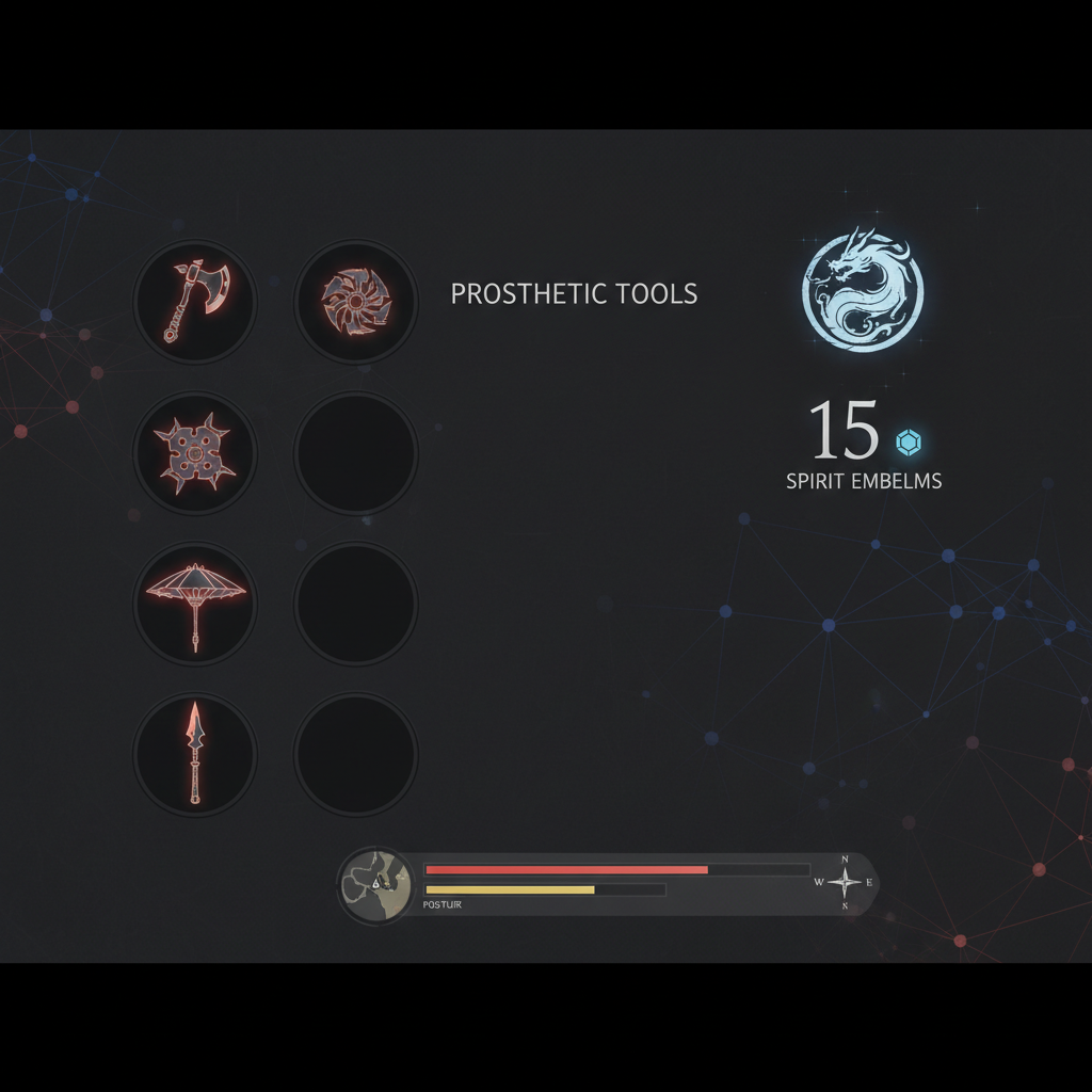 Sekiro prosthetic tools selection screen and Spirit Emblem management