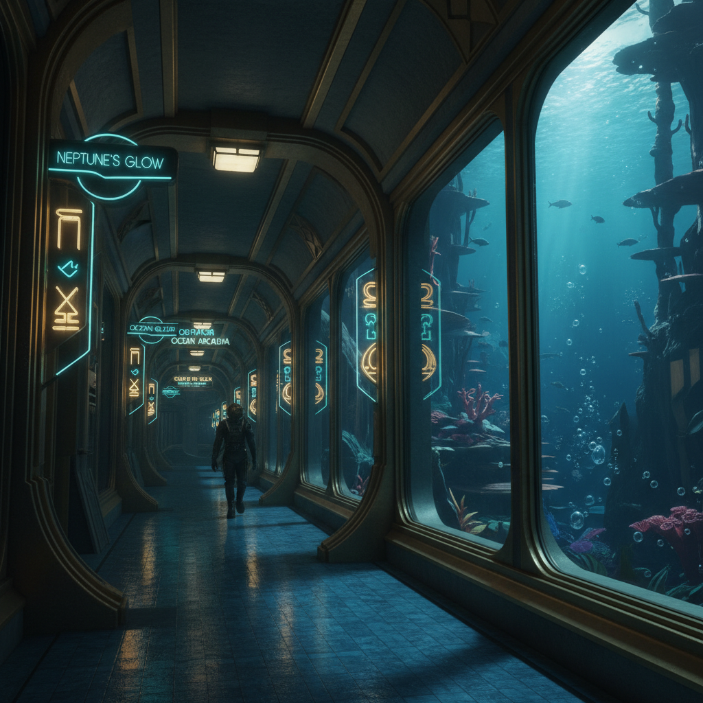 Art Deco underwater city corridor with neon signage and glass walls