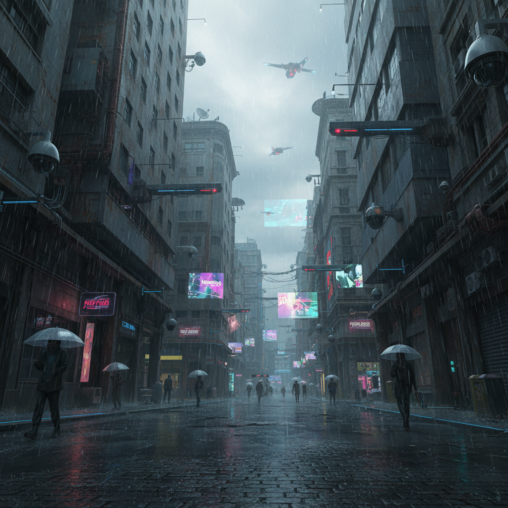 Futuristic European district with surveillance cameras and worn tech infrastructure