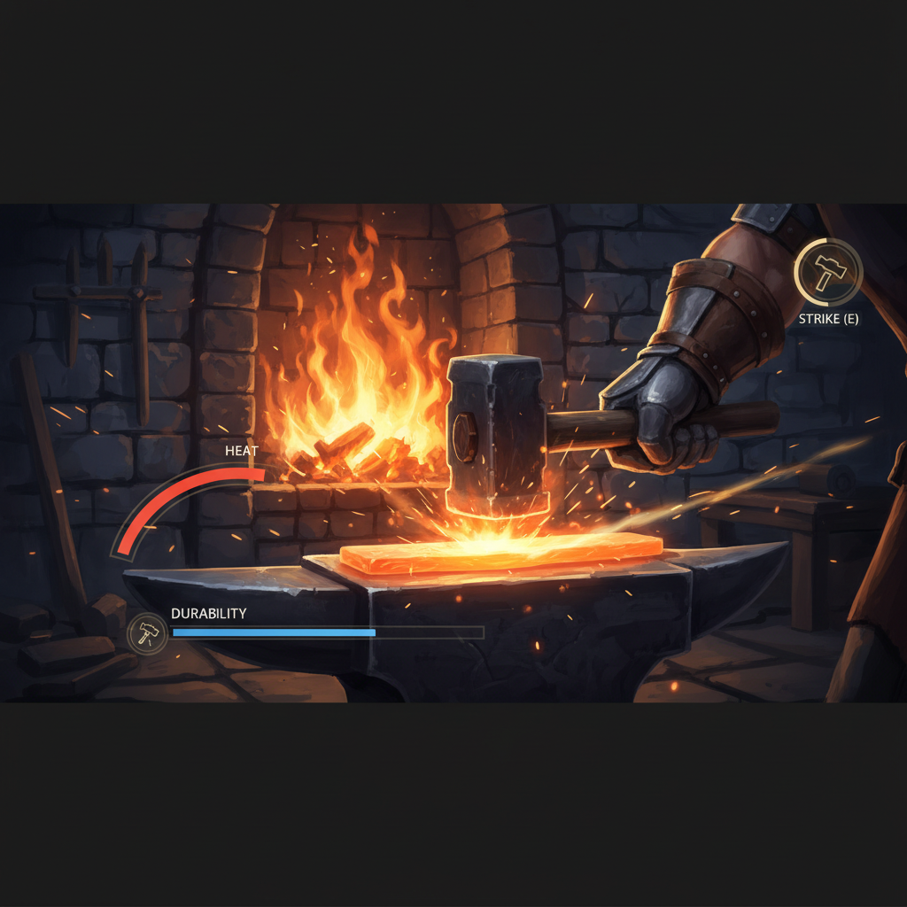 Medieval blacksmithing gameplay interface with an anvil, hammer, and glowing steel