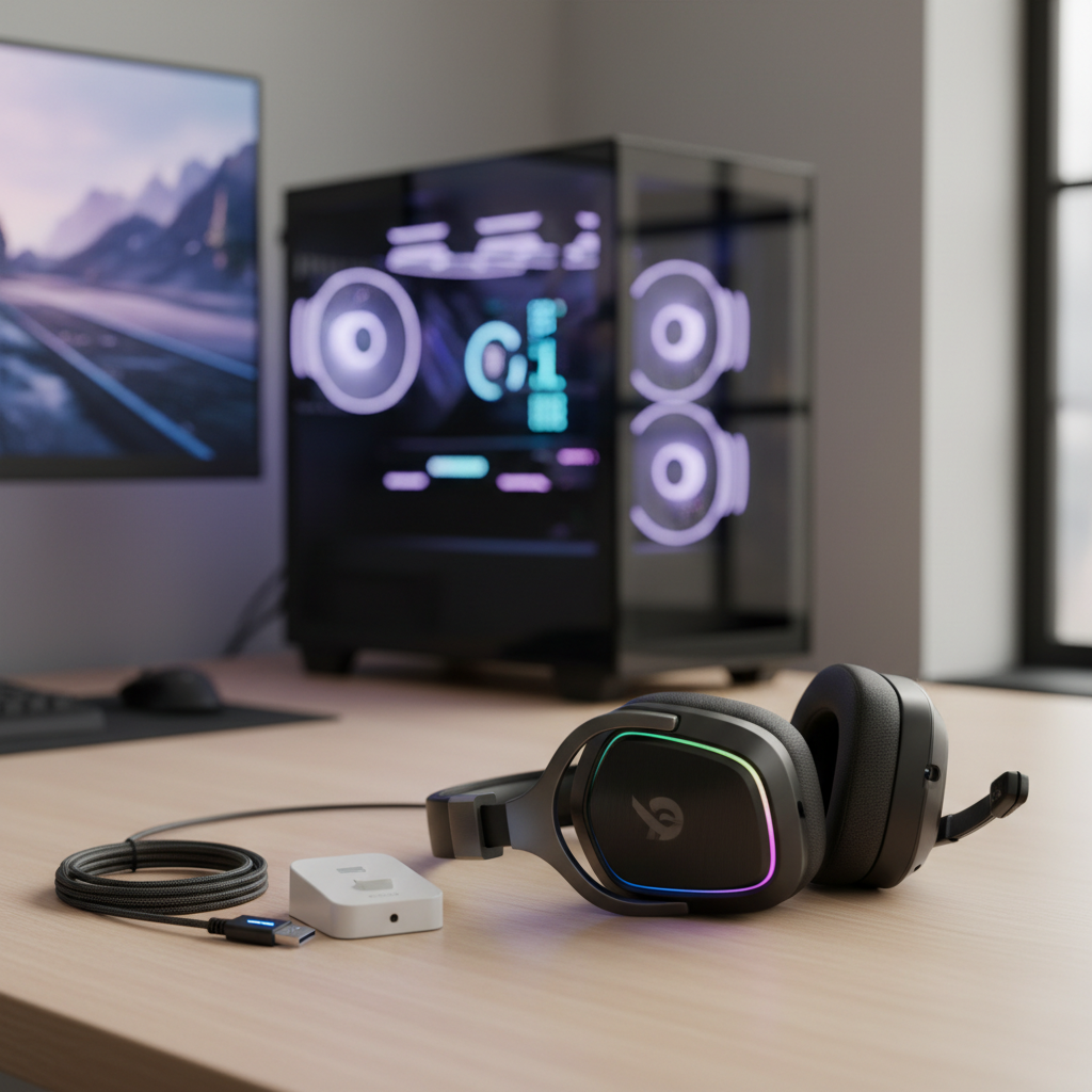 Wireless gaming headset charging on desk next to PC setup