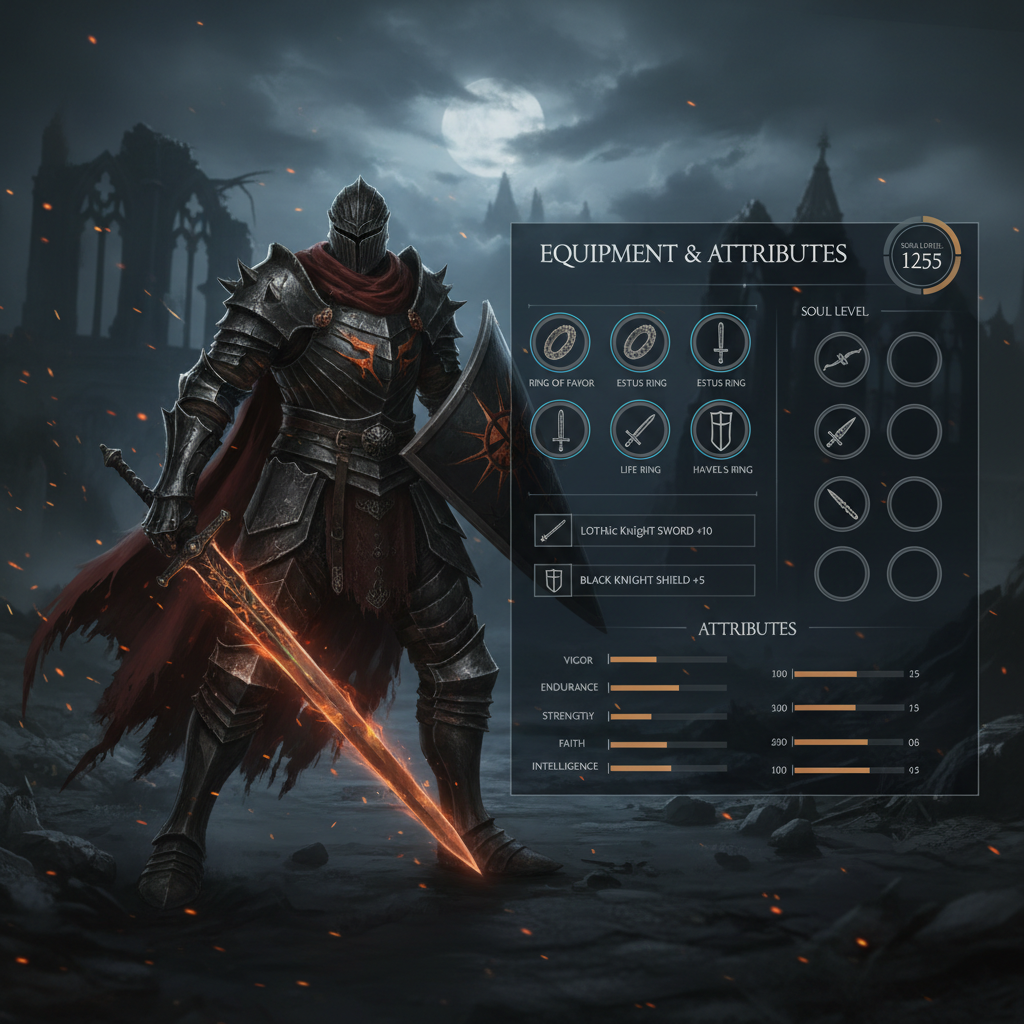 Dark Souls 3 PvP build equipment and stat planning screen concept
