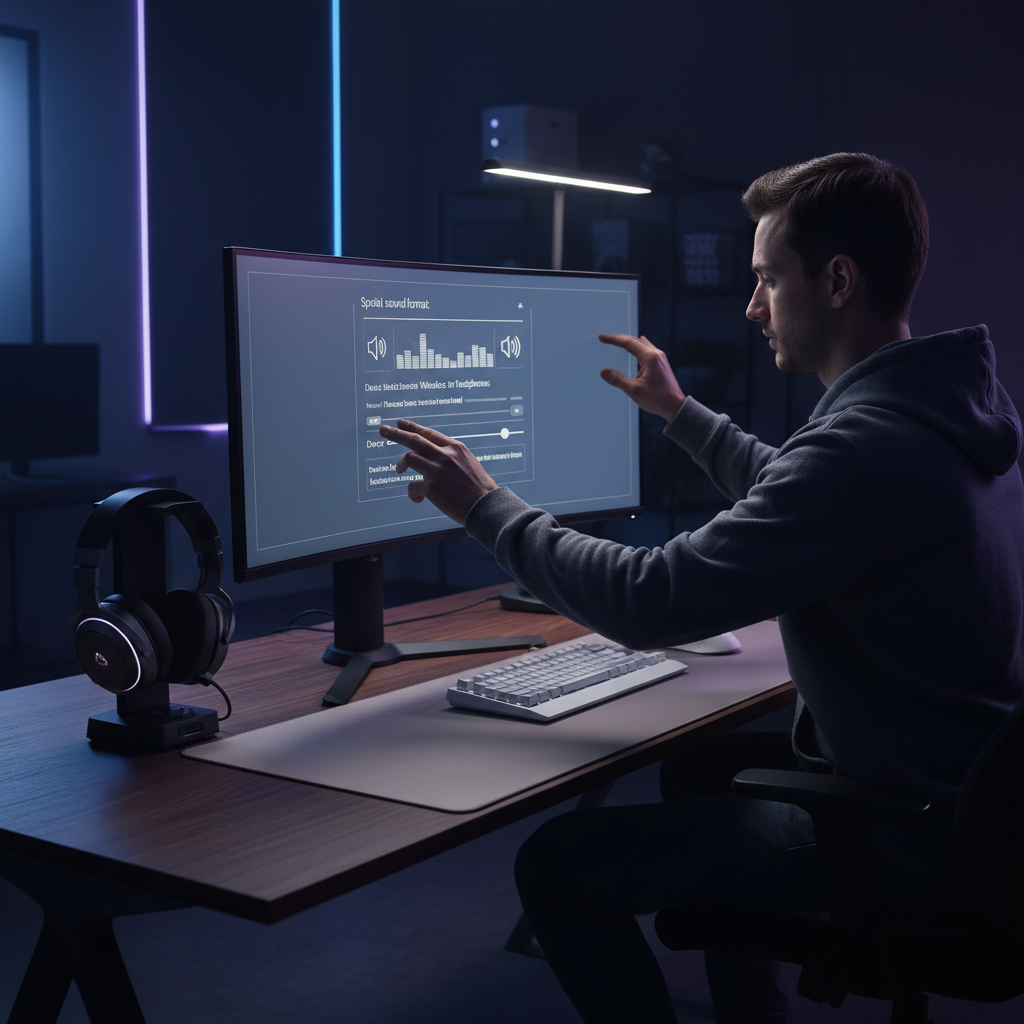 Gamer adjusting spatial audio settings on PC for directional footsteps