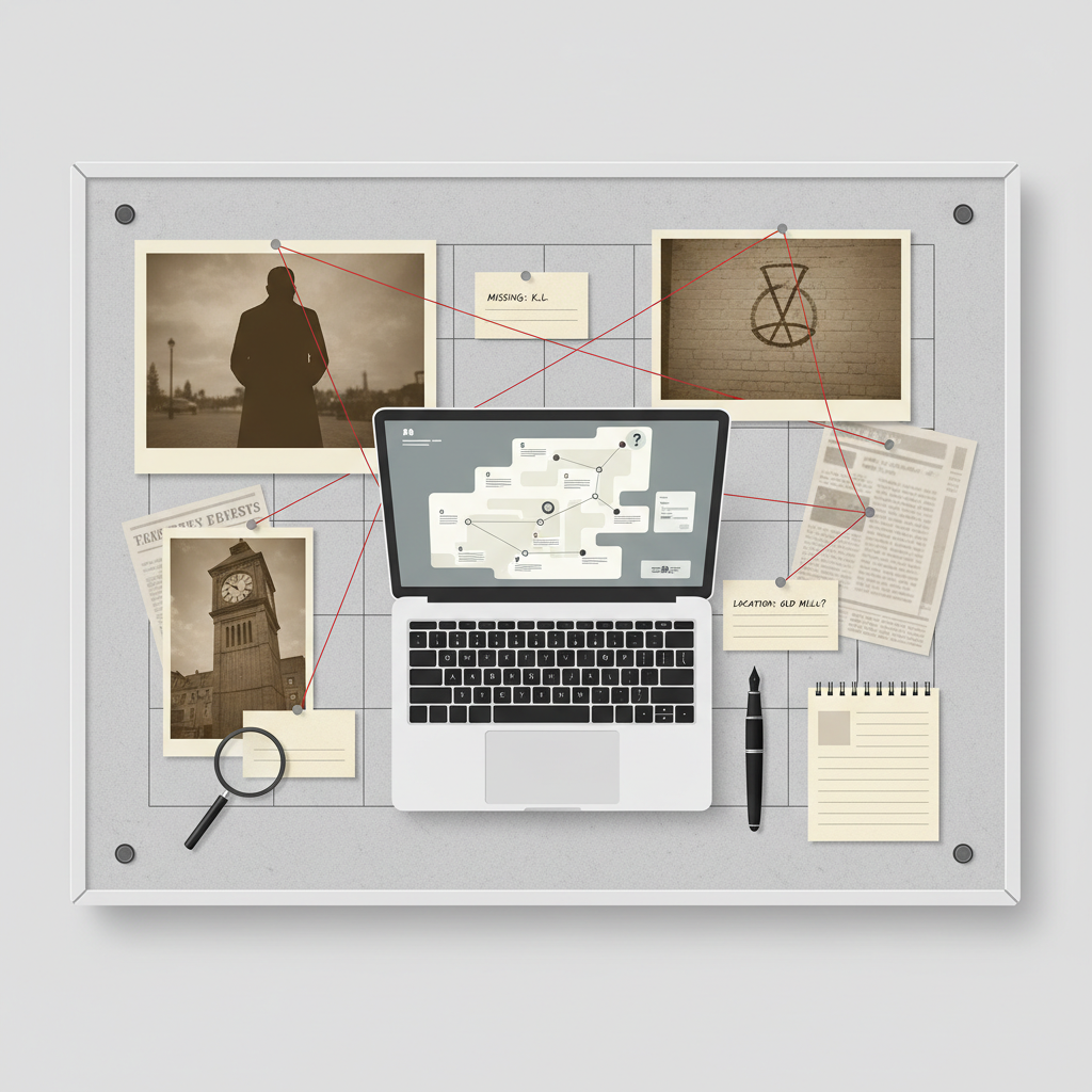 Detective board with clues for mystery games without jump scares