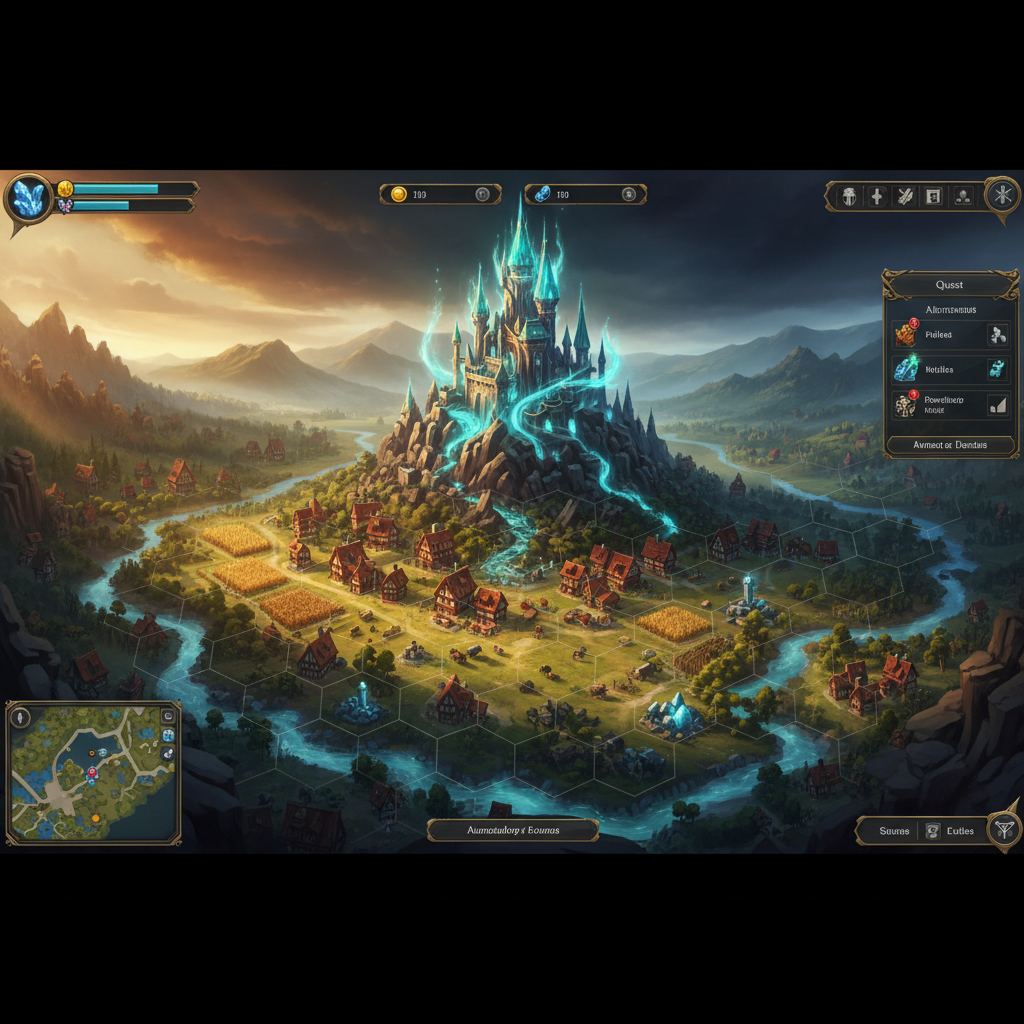 Fantasy kingdom building game scene with magical castle and town layout