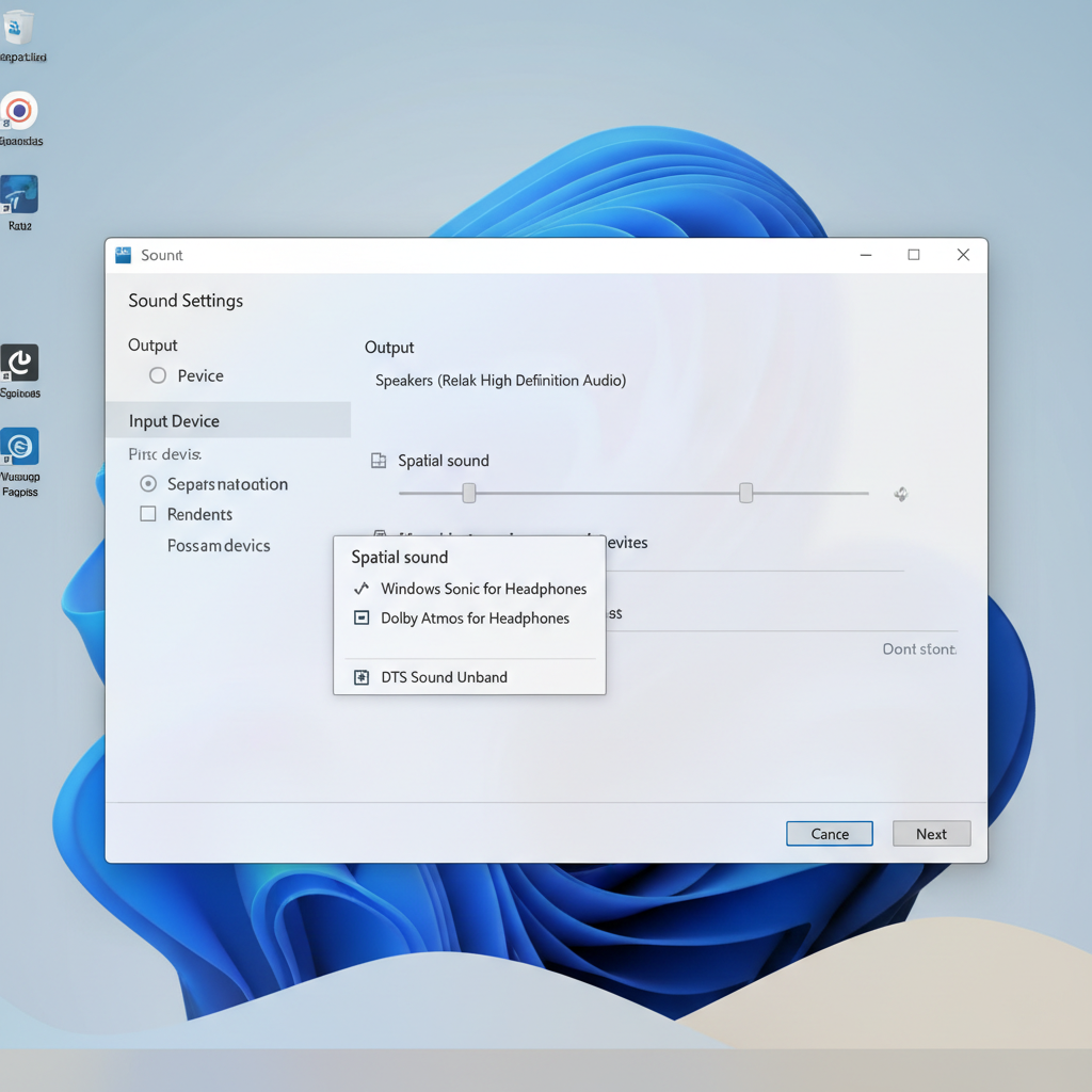 Windows 11 spatial sound menu showing Windows Sonic and Dolby Atmos options