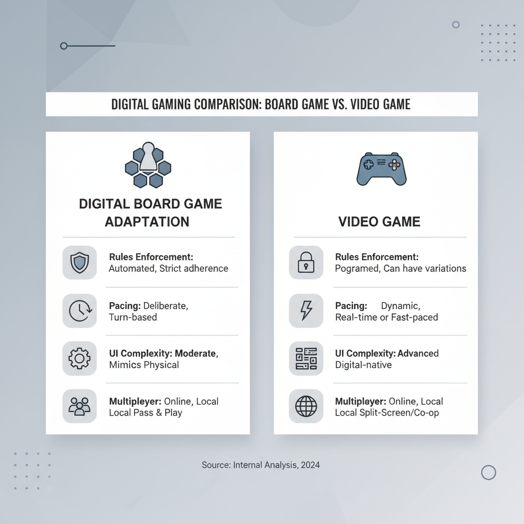 Comparison table concept showing digital board game adaptation vs video game version