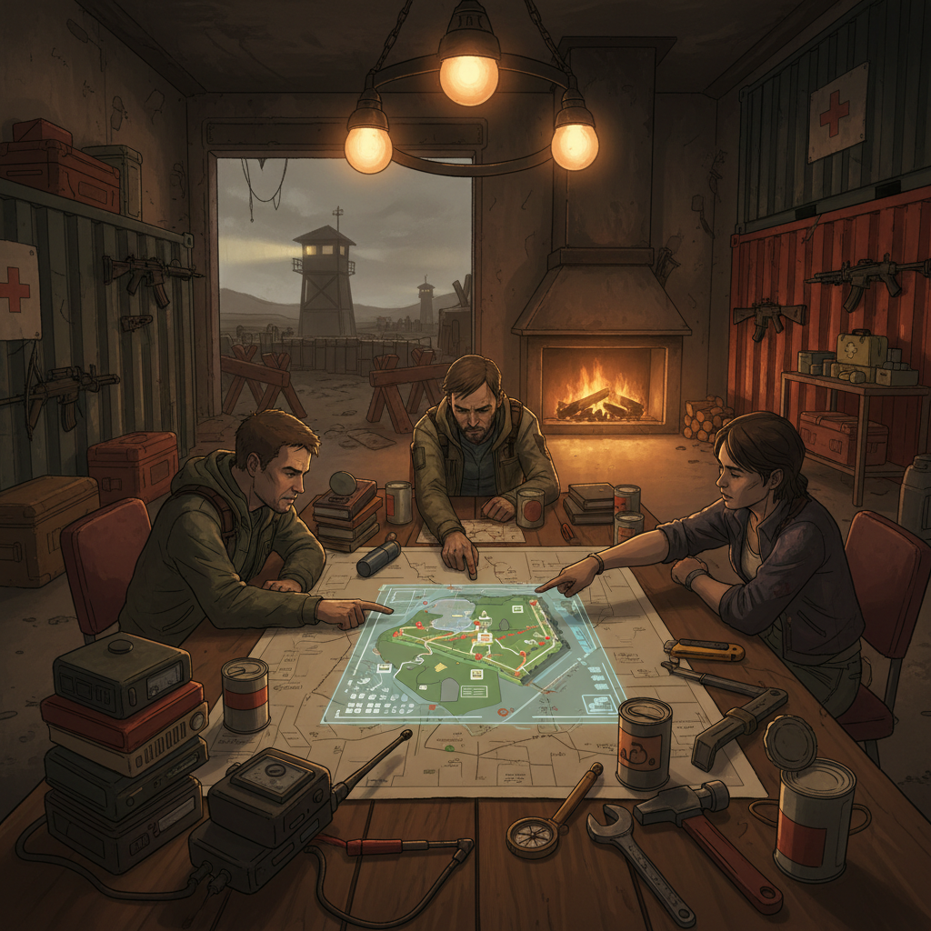 Zombie survival base planning with map, supplies, and watchtower concept art