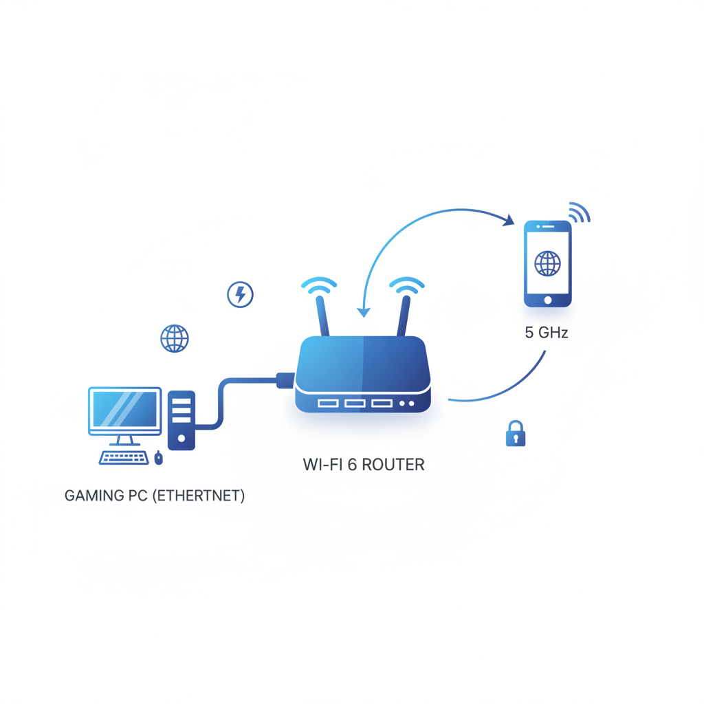 Home network setup for PC game streaming with router, Ethernet PC, and phone on 5 GHz Wi-Fi