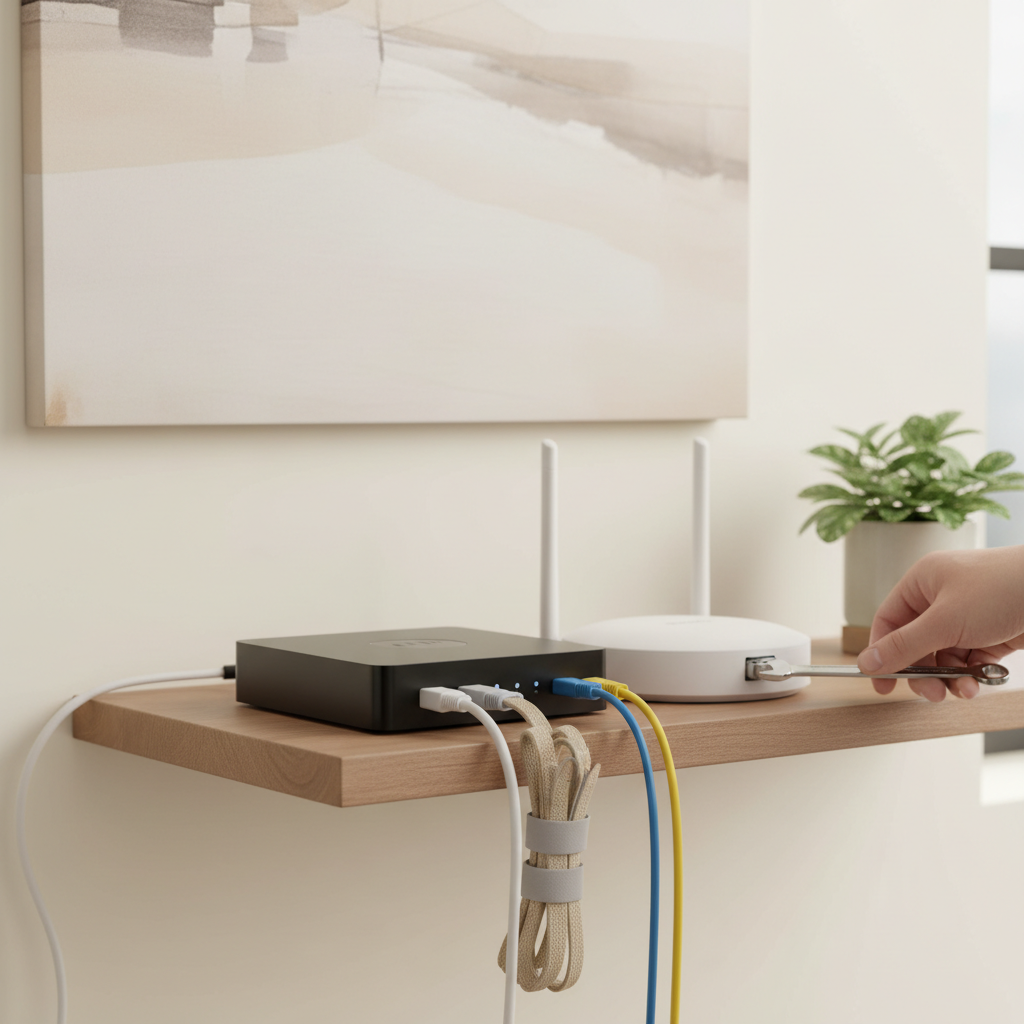 Internet modem and coax cable setup showing proper connections for improving upload speed for gaming