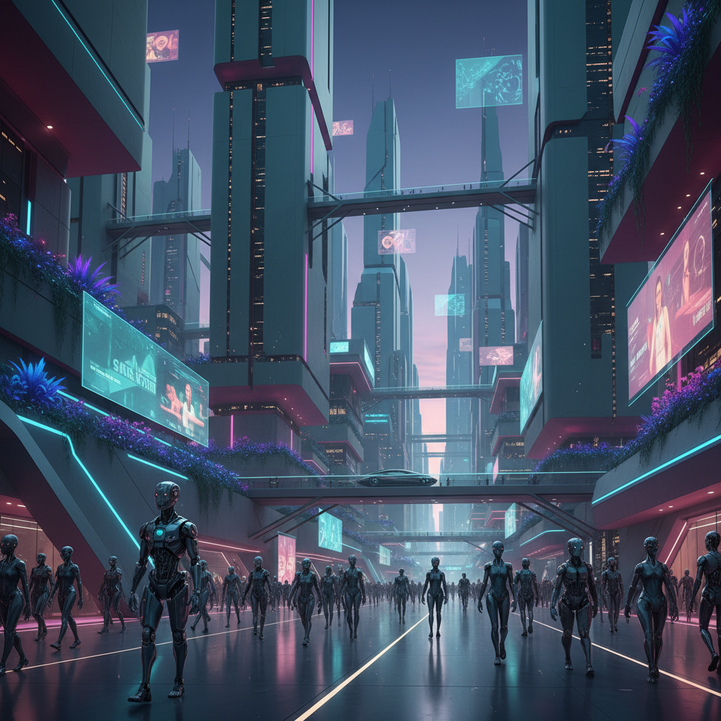 Post-human sci-fi game world with synthetic humans and AI cityscape