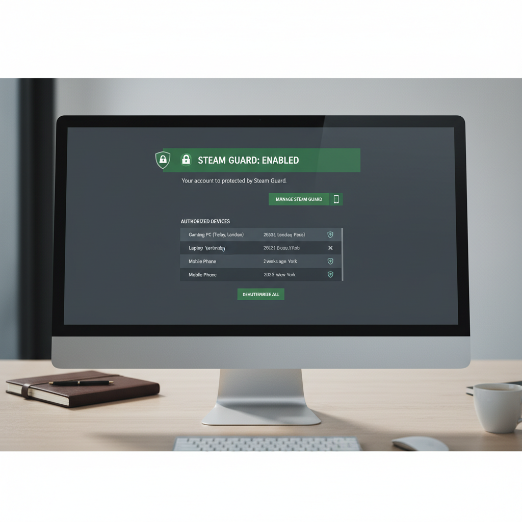 Steam account security settings with Steam Guard enabled and user reviewing login devices