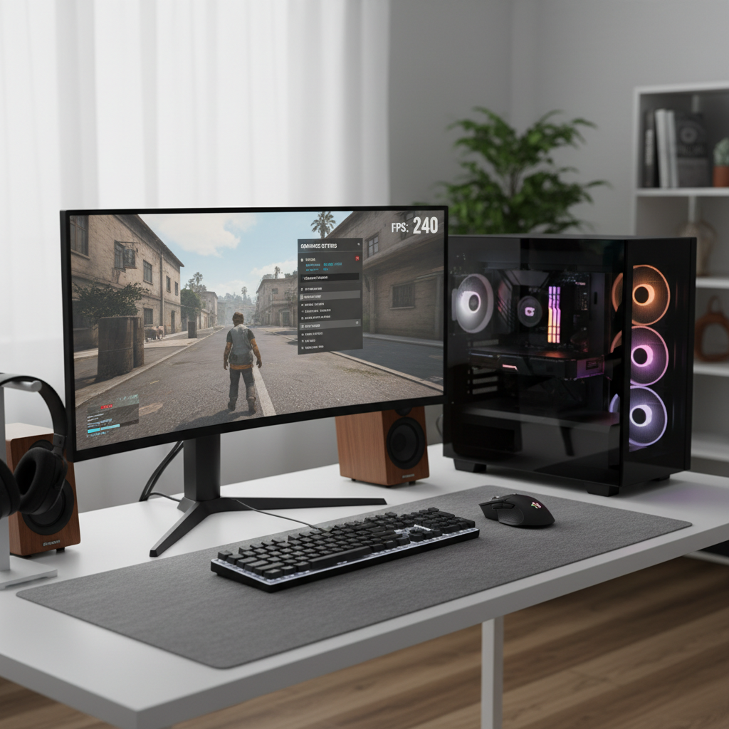 PC gaming setup showing FPS counter and graphics settings menu
