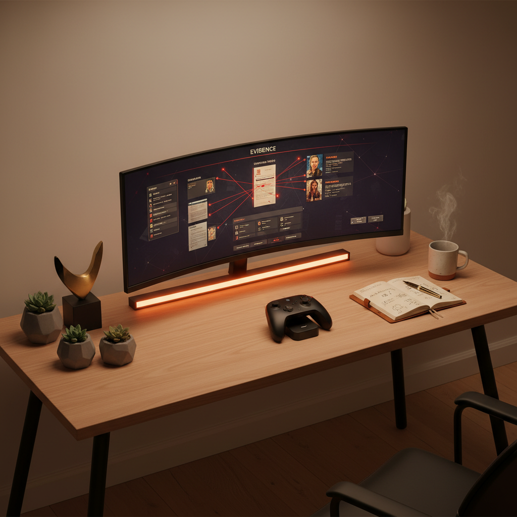 Modern gaming setup showing detective game notes and controller on a desk