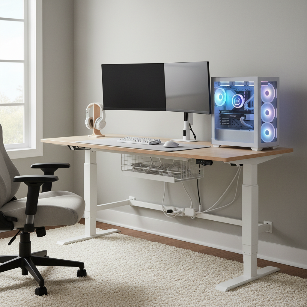 Clean PC gaming desk setup with hidden cables and under-desk cable tray