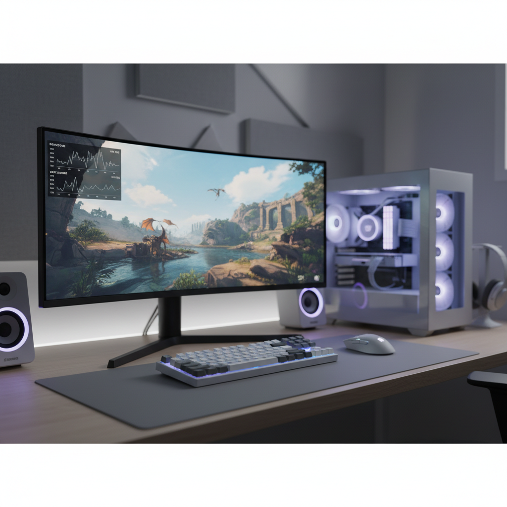 PC gaming setup with performance overlay showing CPU GPU RAM and VRAM