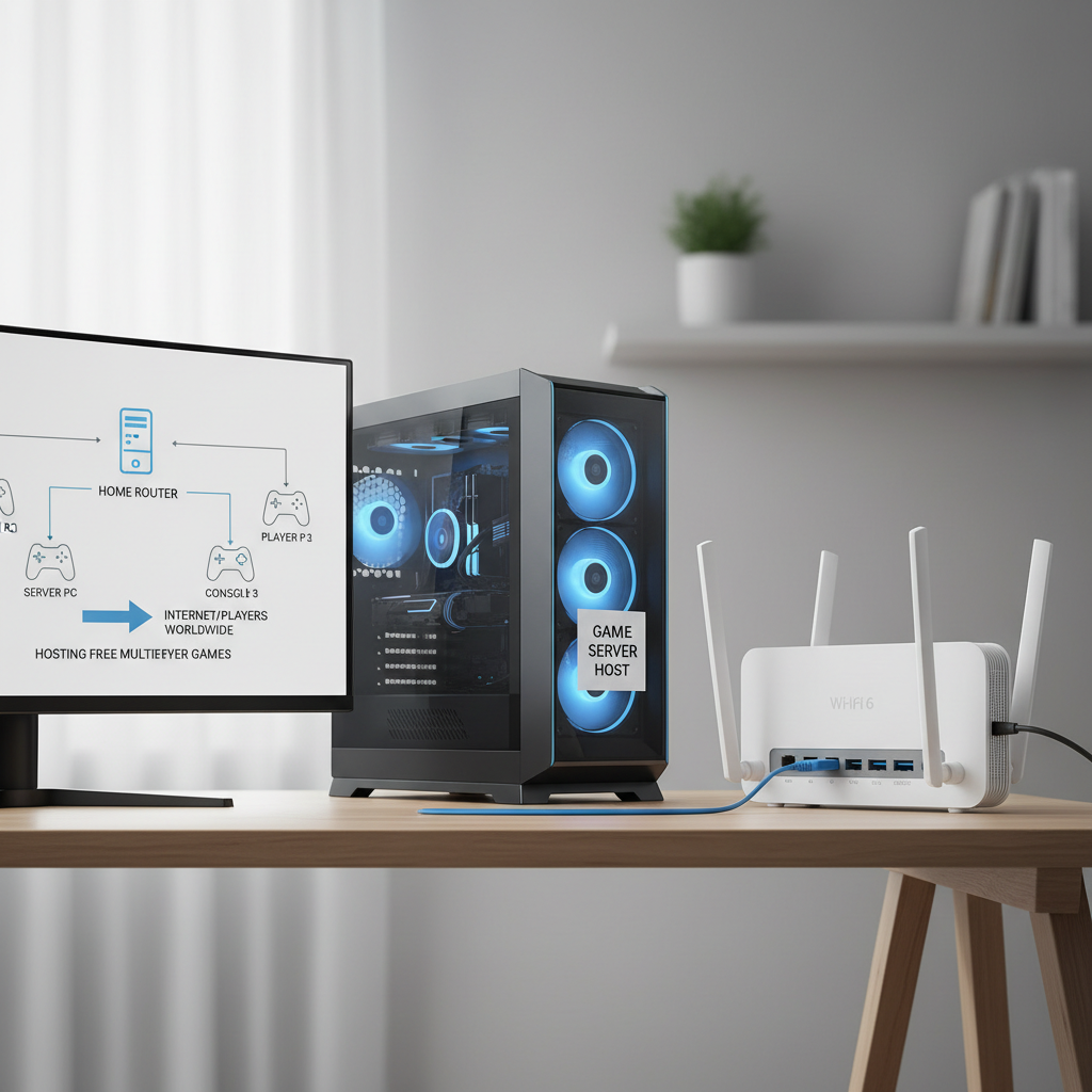 Player hosting a free multiplayer game server from a home PC with router and network setup