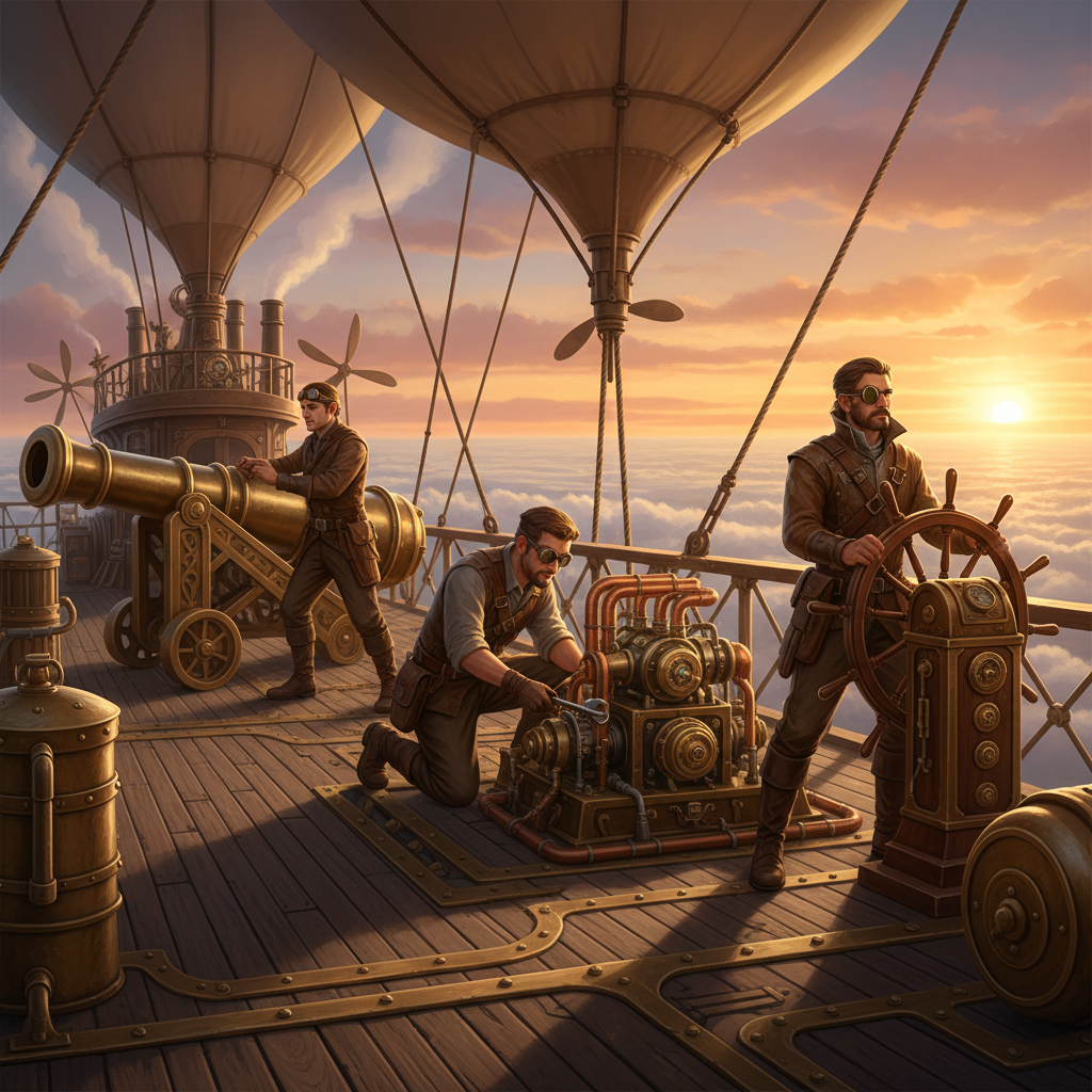 Co-op airship crew manning cannons and repairing engines