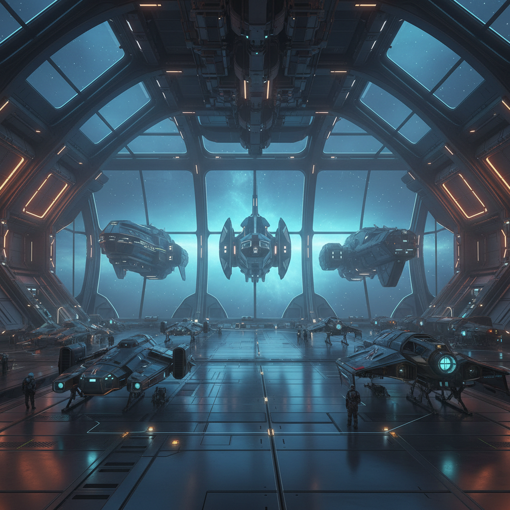 No Man’s Sky freighter hangar with different freighter silhouettes