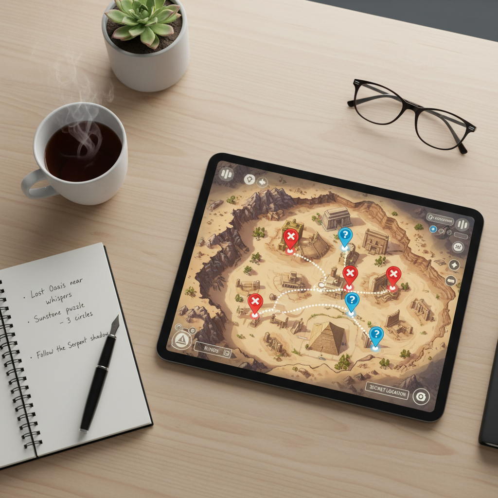 Map planning for desert exploration with marked landmarks and secret locations
